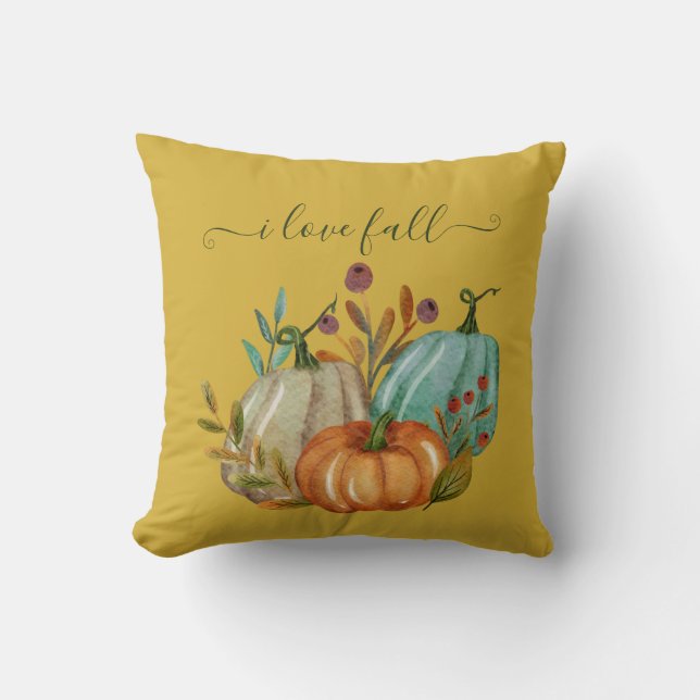 Elegant Yellow Watercolor Pumpkin Farmhouse Fall Cushion (Front)