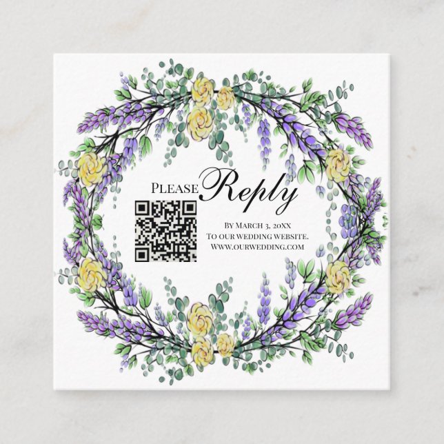 Elegant yellow watercolor roses lavender RSVP QR  Enclosure Card (Front)