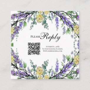 Elegant yellow watercolor roses lavender RSVP QR Enclosure Card