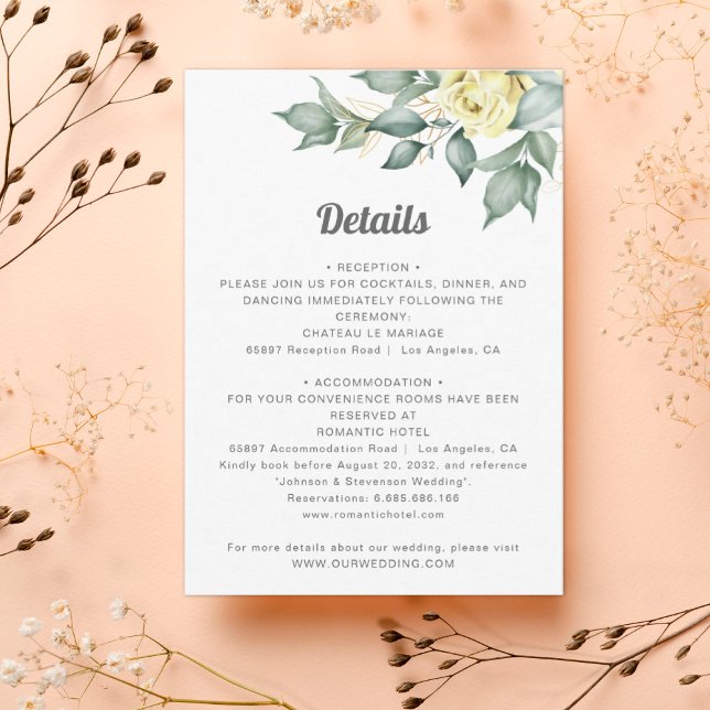 Elegant yellow watercolor roses wedding details enclosure card (Creator Uploaded)