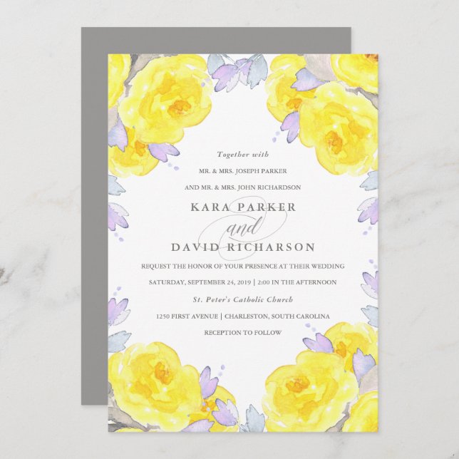 Elegant Yellow Watercolor Roses | Wedding Invitation (Front/Back)