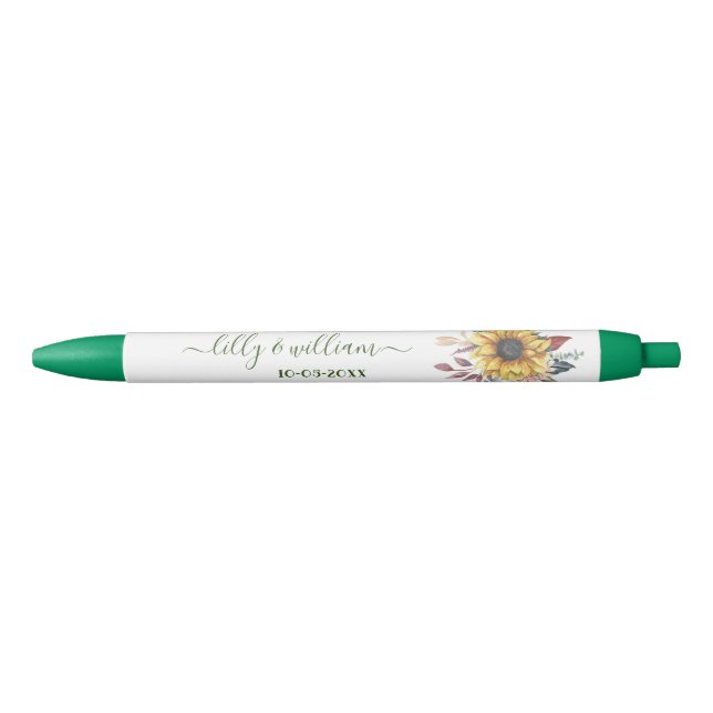 Elegant Yellow Watercolor Sunflower Sunny  Black Ink Pen (Front)