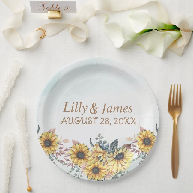 Elegant Yellow Watercolor Sunflower Sunny Paper Plate (Wedding)