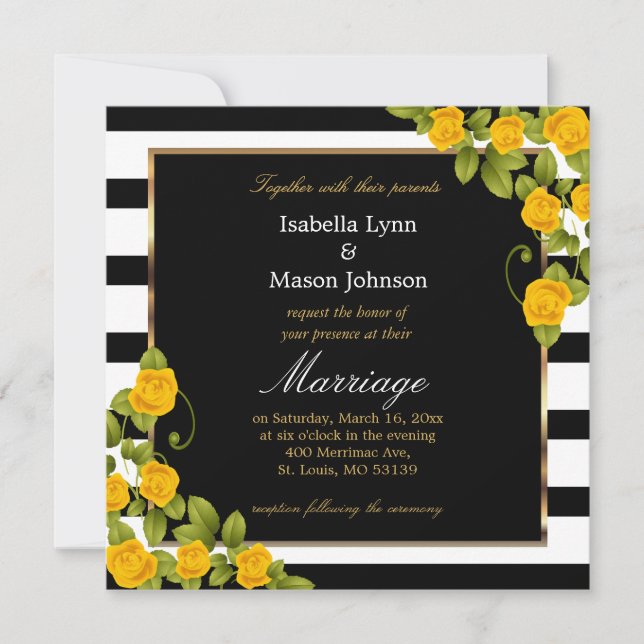 Elegant Yellow Wedding Roses Black & White Stripes Invitation (Front)