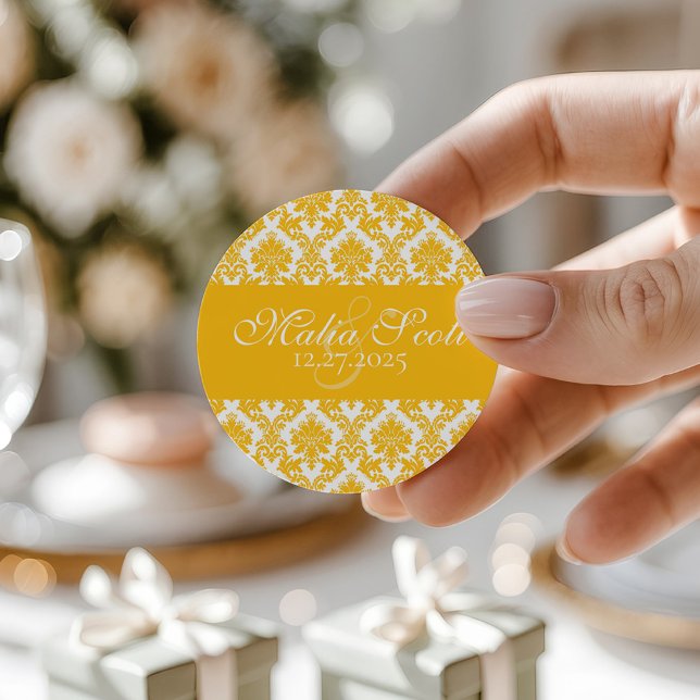 Elegant Yellow White Damask Wedding Favour Classic Round Sticker (Creator Uploaded)