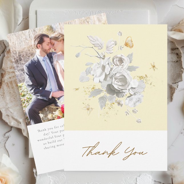 Elegant Yellow White Floral Photo Wedding Thank You Card (Creator Uploaded)