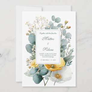 Elegant Yellow White Poppy Eucalyptus Watercolor Invitation