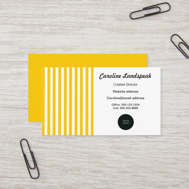 Elegant Yellow & White Stripes with Logo Business Card (Front/Back In Situ)