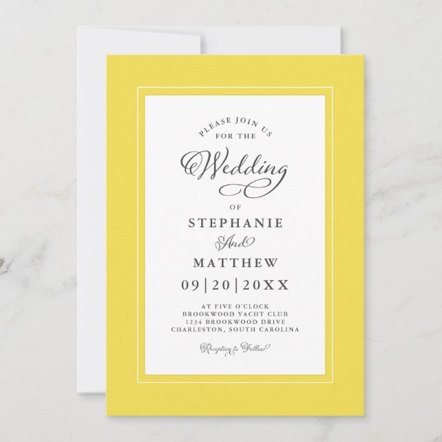Elegant Yellow & White Wedding Modern Calligraphy Invitation (Front)