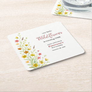 Elegant Yellow Wildflower 1st Birthday Party Square Paper Coaster