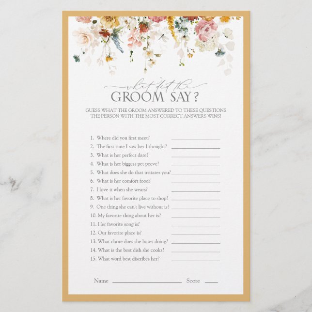 Elegant Yellow Wildflower Bridal Shower Game (Front)