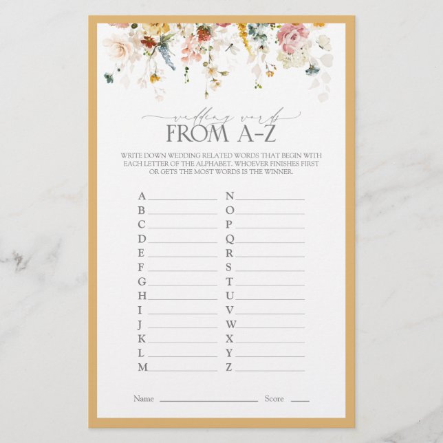 Elegant Yellow Wildflower Bridal Shower Game (Front)