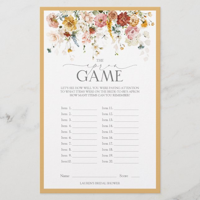 Elegant Yellow Wildflower Bridal Shower Game (Front)