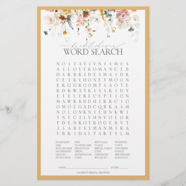 Elegant Yellow Wildflower Bridal Shower Game (Front)