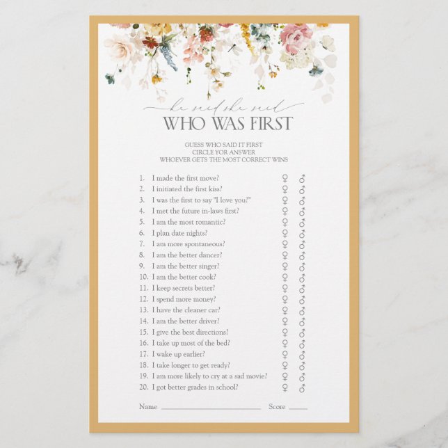 Elegant Yellow Wildflower Bridal Shower Game (Front)