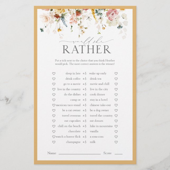 Elegant Yellow Wildflower Bridal Shower Game (Front)