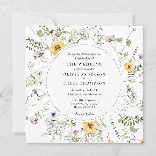 Elegant Yellow Wildflower Greenery Frame Wedding I Invitation (Front)