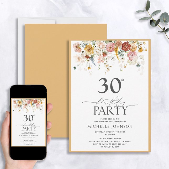 Elegant Yellow Wildflower Watercolor 30th Birthday Invitation (Creator Uploaded)