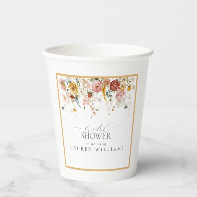 Elegant Yellow Wildflower Watercolor Bridal Shower Paper Cups (Front)