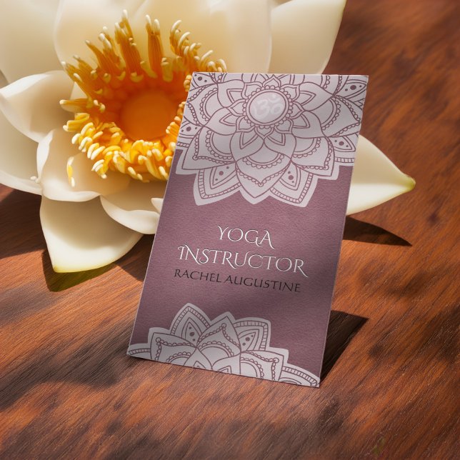 Elegant Yoga Floral Mandala OM Sign Purple Leather Business Card (Creator Uploaded)