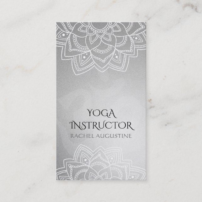 Elegant Yoga Floral Mandala Om Symbol Silver Foil Business Card (Front)