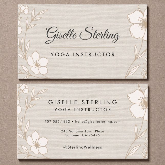 Elegant Yoga Instructor Botanical Floral Linen Business Card (Creator Uploaded)