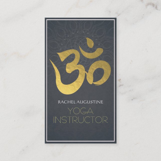 Elegant Yoga Instructor Gold Om Symbol and Mandala Business Card (Front)