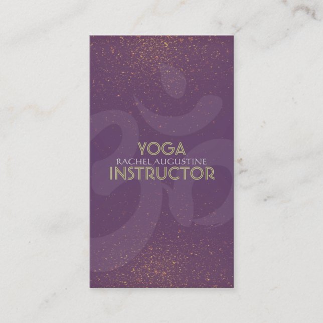 Elegant Yoga Instructor Om Symbol  Purple and Gold Business Card (Front)