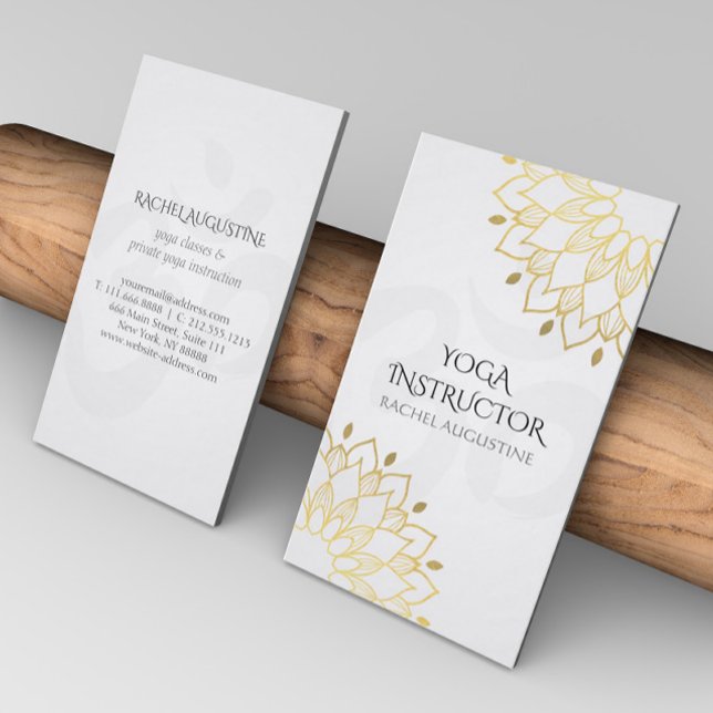 Elegant Yoga White Gold Floral Om Symbol Mandala Business Card (Creator Uploaded)