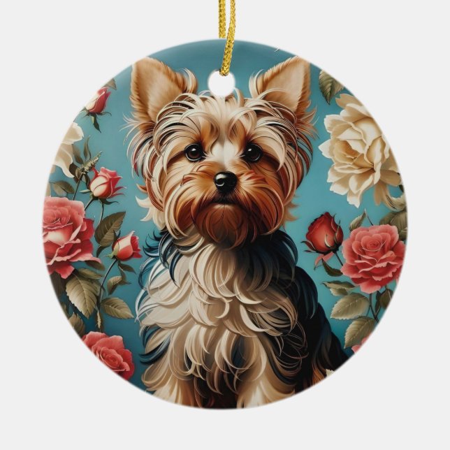 Elegant Yorkshire Terrier Portrait Rose Garden Ceramic Tree Decoration (Front)