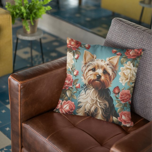Elegant Yorkshire Terrier Portrait Rose Garden Cushion (Creator Uploaded)