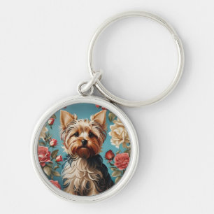 Elegant Yorkshire Terrier Portrait Rose Garden Key Ring