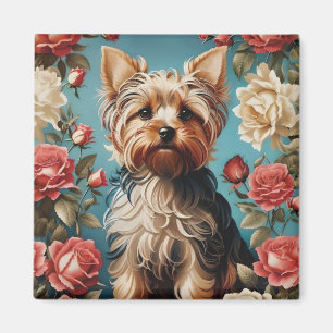 Elegant Yorkshire Terrier Portrait Rose Garden Magnet