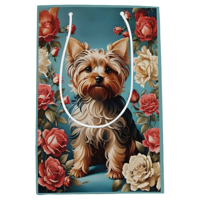 Elegant Yorkshire Terrier Portrait Rose Garden Medium Gift Bag (Front)
