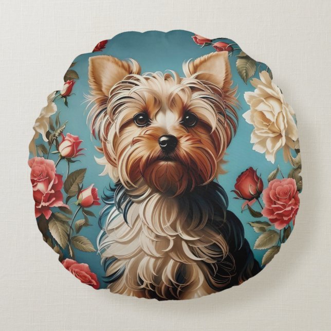 Elegant Yorkshire Terrier Portrait Rose Garden Round Cushion (Front)