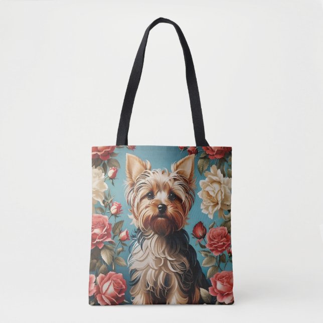 Elegant Yorkshire Terrier Portrait Rose Garden Tote Bag (Front)