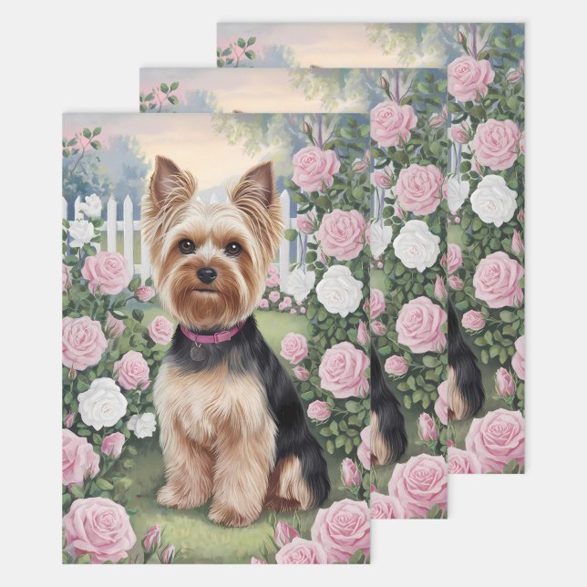 Elegant Yorkshire Terrier Rose Garden Decoupage Wrapping Paper Sheet (Creator Uploaded)