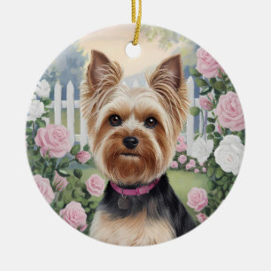 Elegant Yorkshire Terrier Rose Garden Painting Ceramic Tree Decoration