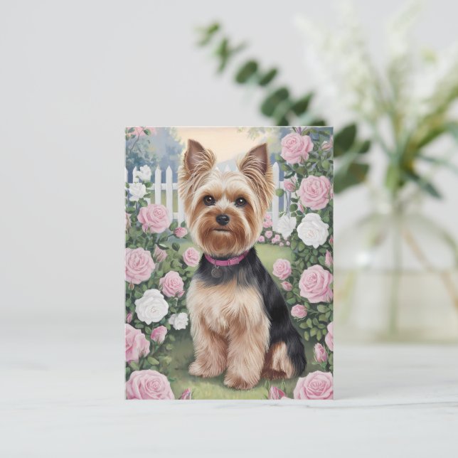 Elegant Yorkshire Terrier Rose Garden Painting Postcard (Standing Front)