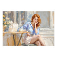 Elegant young lady in blue and white at a cafe