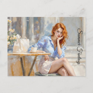Elegant young lady in blue and white at a cafe postcard