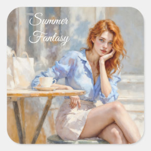 Elegant young lady in blue and white at a cafe square sticker