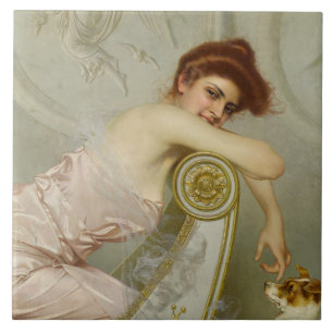 Elegant Young Lady Stroking Her Puppy Dog Tile