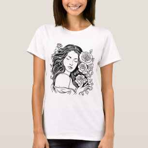 Elegant young lady woman roses tshirt
