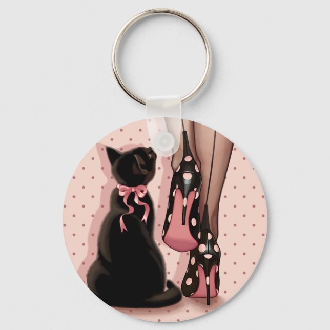 Elegant young woman and black cat key ring (Front)