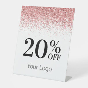 Elegant Your Logo Pink Glitter 20% Off Business Pedestal Sign