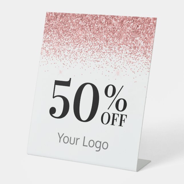 Elegant Your Logo Pink Glitter 50% Off Business Pedestal Sign (Front)