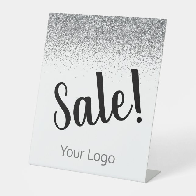Elegant Your Logo Silver Glitter Sale Business Pedestal Sign (Front)