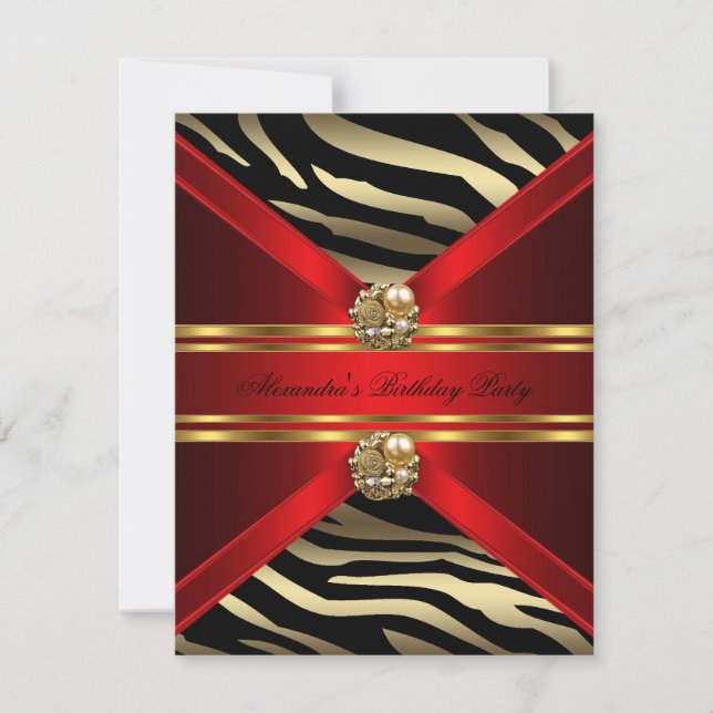 Elegant Zebra Animal Regal Red Gold Black Birthday Invitation (Front)