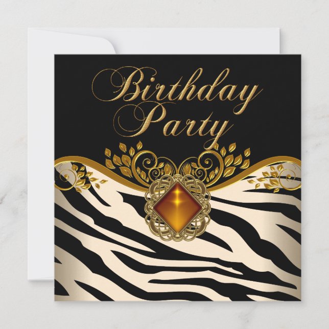 Elegant Zebra Caramel Amber Black Gold Birthday Invitation (Front)